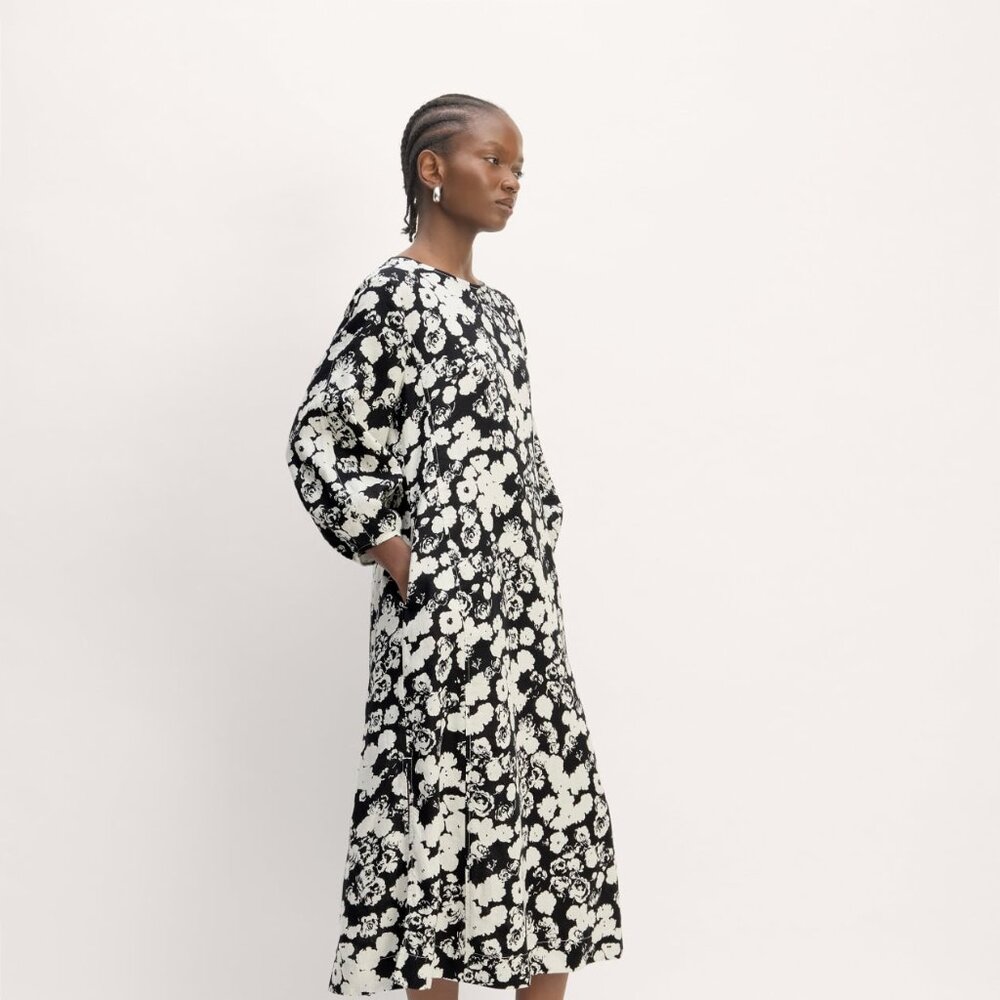 Everlane The Linen A-line Midi Long Sleeve Dress Floral Womens
